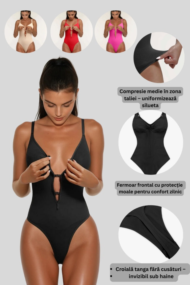 Zip Thong Bodysuit with 3D Cups - Black