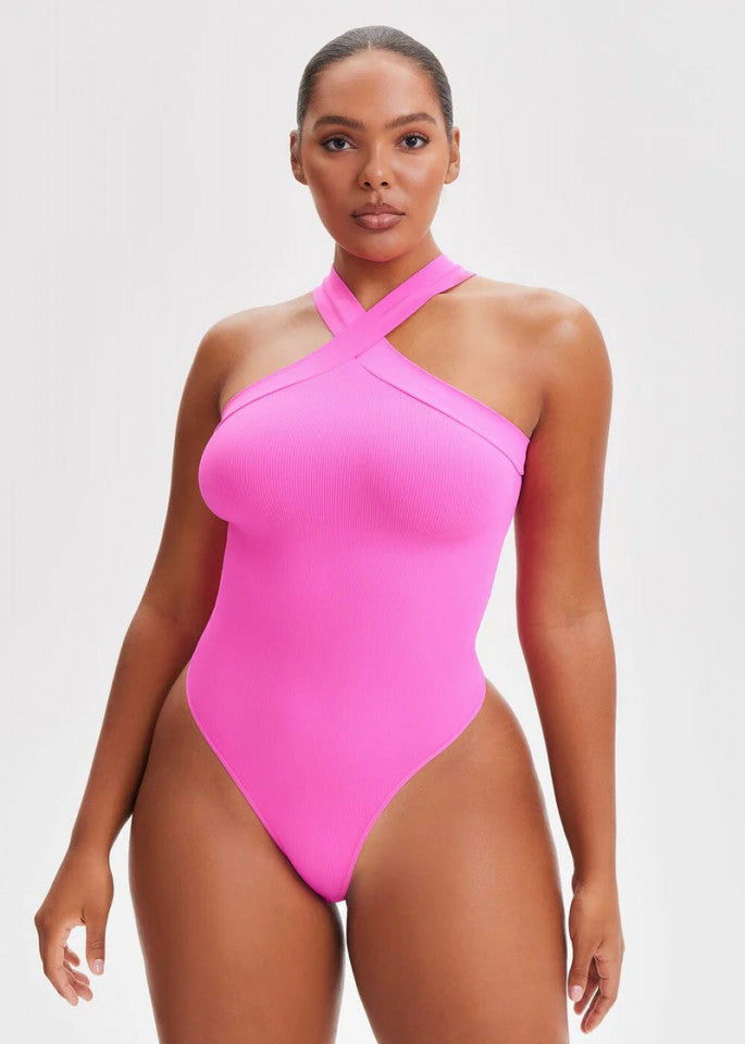 Cross-Strap Tummy Control Bodysuit - Pink