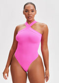 Cross-Strap Tummy Control Bodysuit - Pink