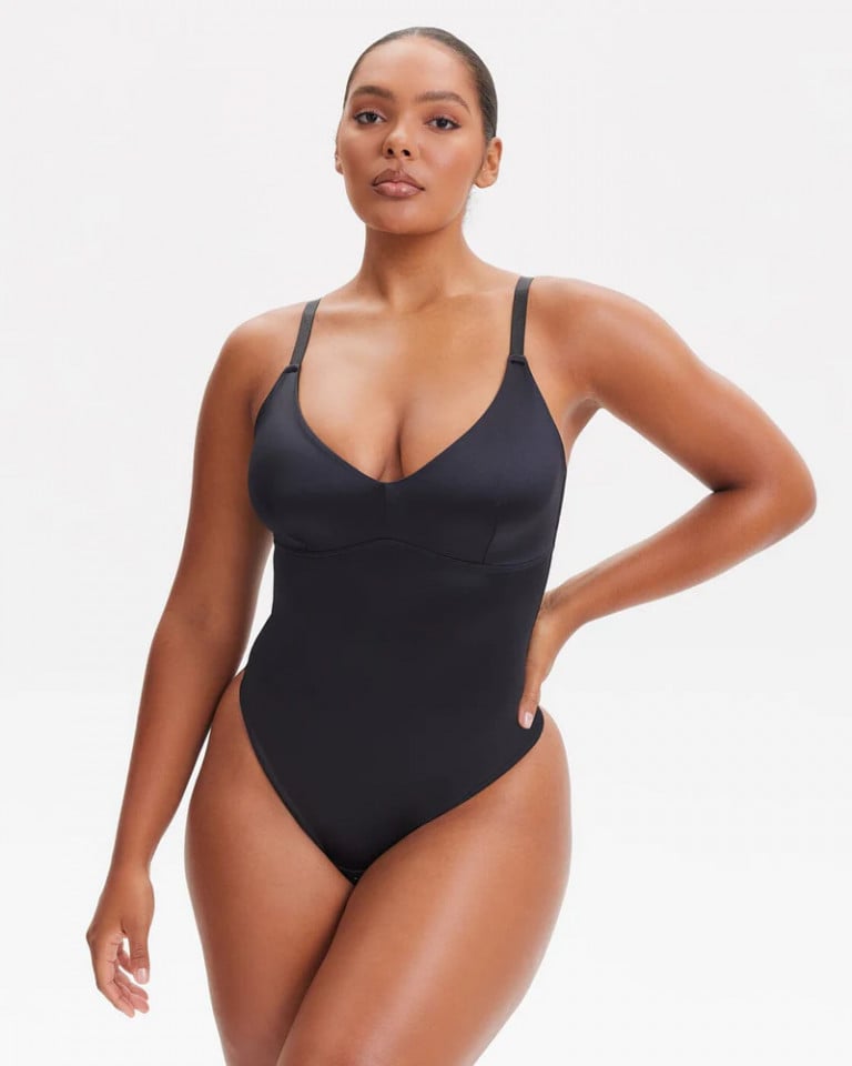 Satin Thong Bodysuit with Adjustable Straps - Black