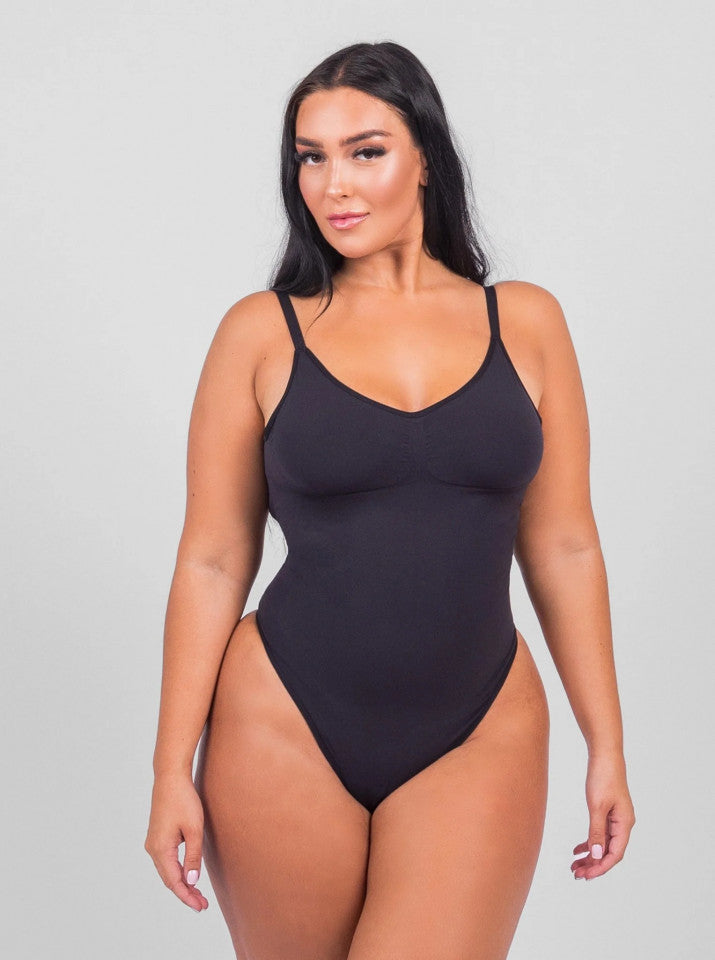 Open-Back Thong Tummy Bodysuit - Black